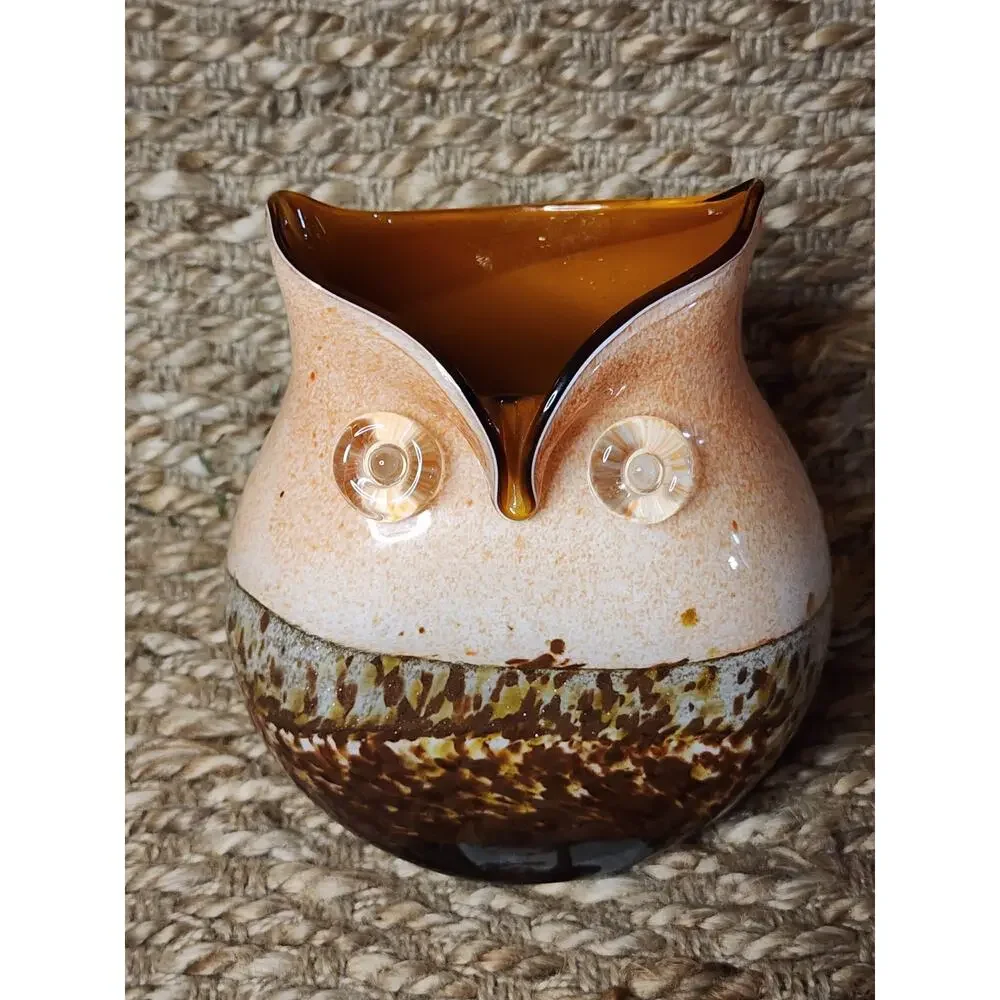 Vintage Hand Blown Studio Art Murano Glass Owl Vase Brown Cream 7